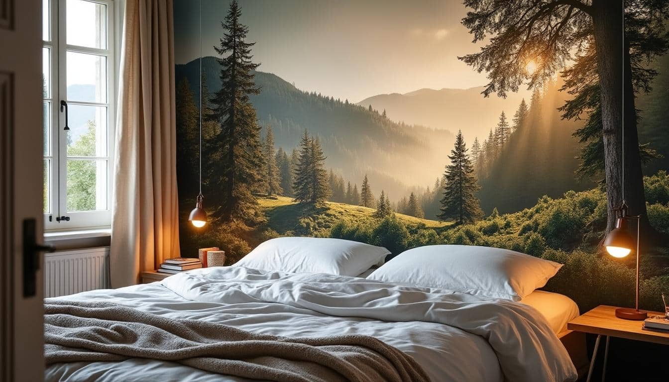 Illustration: Définition du papier peint panoramique en tête de lit et ses spécificités décoratives