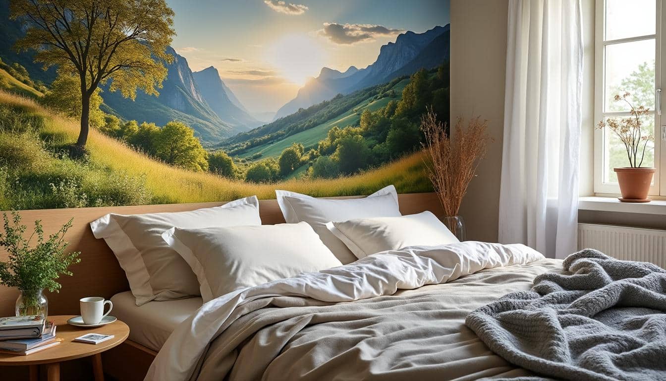 Illustration: Les avantages du papier peint panoramique en tête de lit pour la chambre