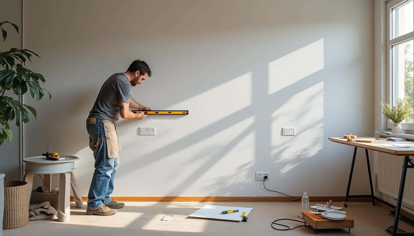 Illustration: Préparation à la pose de papier peint panoramique : outils, murs et environnement